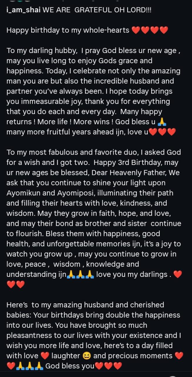 “I Asked God for One Wish… He Gave Me Two!” – Seyi Edun Melts Hearts as Hubby & Twins Mark Birthday