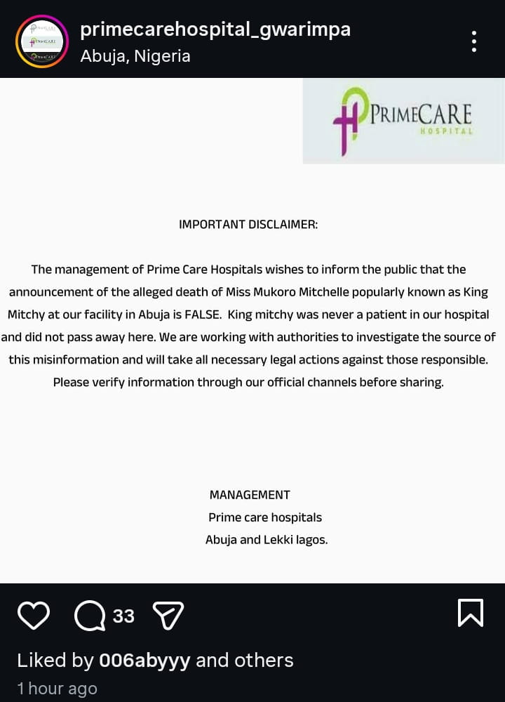 Chaos in Abuja: Prime Care Hospital Denies King Mitchy Death, Threatens Legal Action