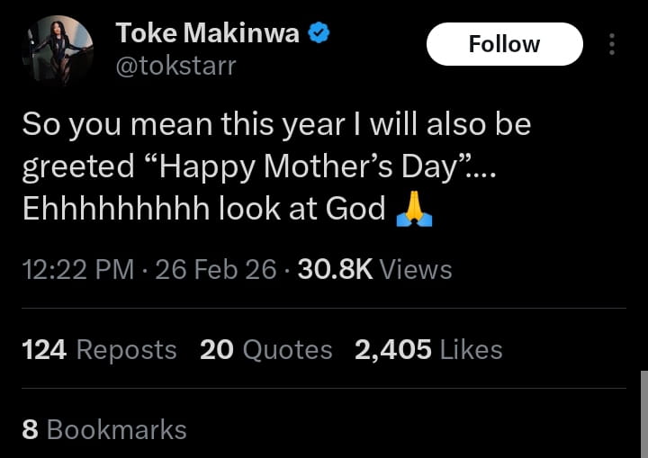 “Ehhh Look at God!” – Toke Makinwa Can’t Keep Calm Over Her First Mother’s Day