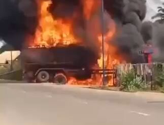 Chaos in Imo! Fuel Tanker Erupts in Flames While Offloading on Owerri–Umuahia Road (Video)