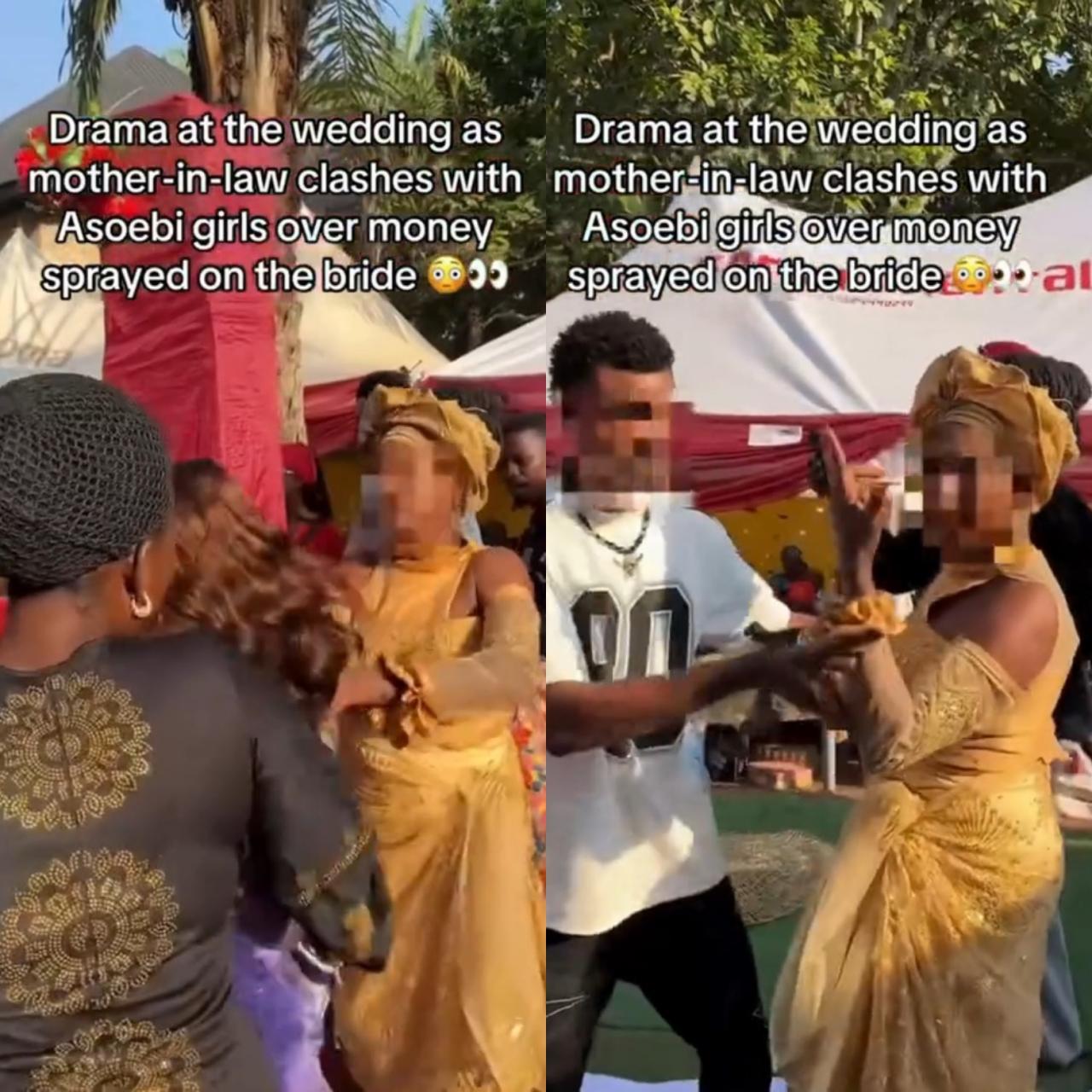 Wedding Chaos! Groom’s Mother Caught in Heated Fight With Asoebi Girl Over Sprayed Cash (Video)