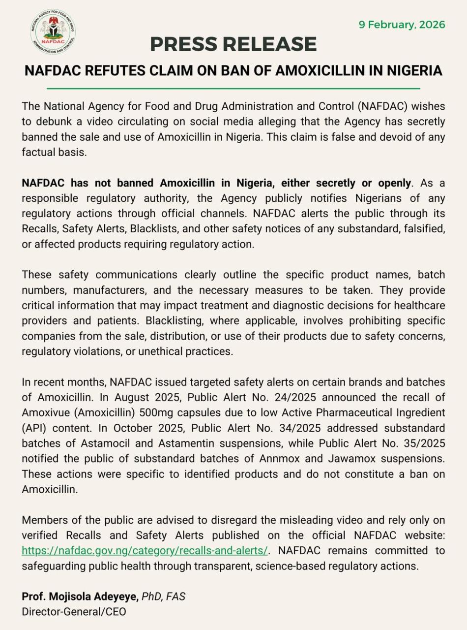 NAFDAC Debunks Viral Claim: Amoxicillin Has Not Been Banned in Nigeria