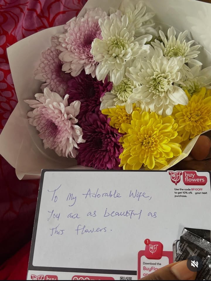 “Dragged by Nigeria, He Finally Did It!” – Nkubi Gifts Wife Flowers & Writes Sweet Love Note After Viral Controversy
