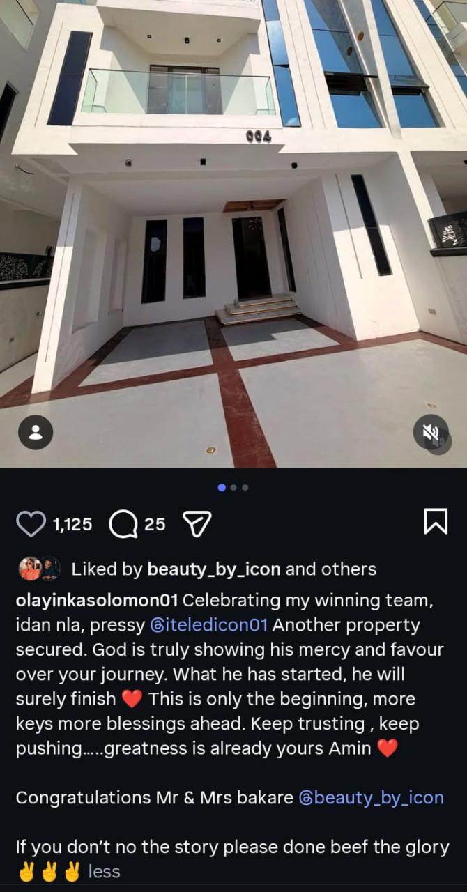 ‘Don’t Beef the Glory!’ — Olayinka Solomon Fires Back at Haters as Itele Secures Another Luxury Home in Lekki
