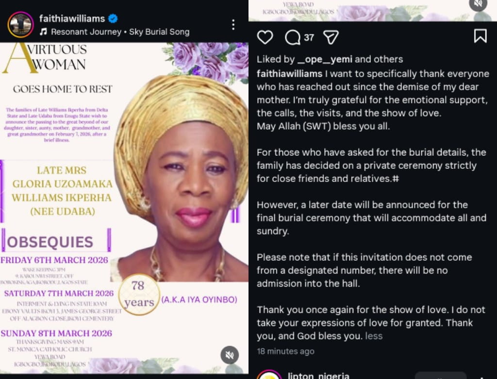 Private Farewell: Faithia Williams Sets Burial Plans for Late Mother
