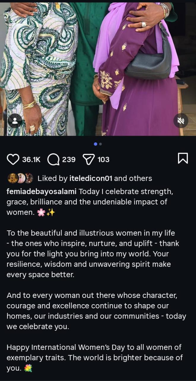 Fans React as Femi Adebayo Celebrates Women’s Day Without Wife Iyana Aduke