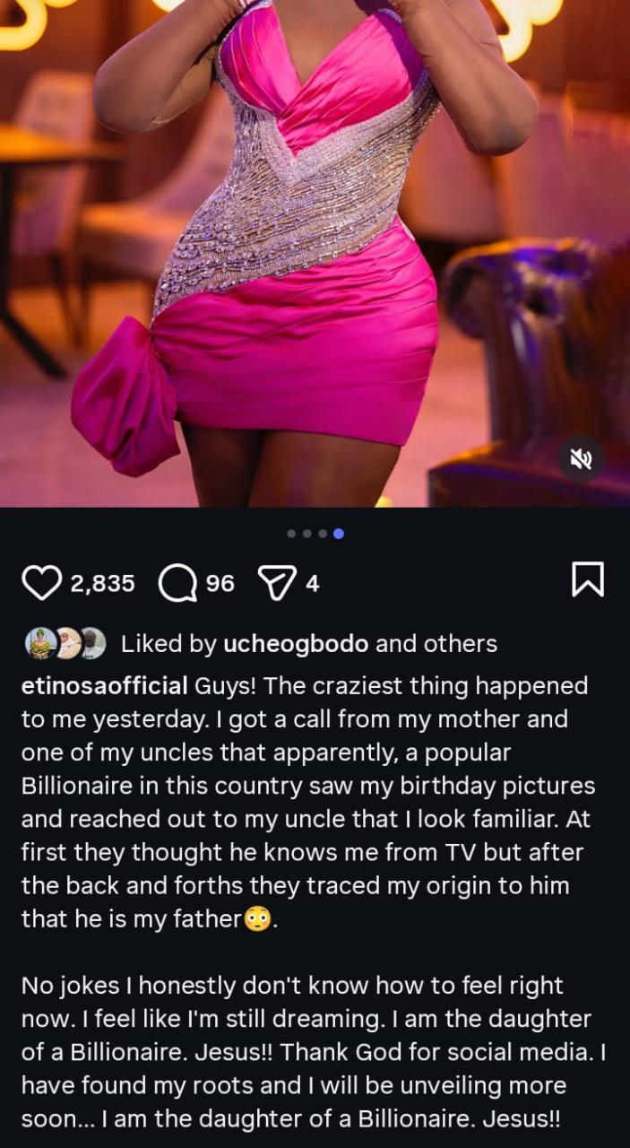 “I’m the Daughter of a Billionaire!” – Etinosa Idemudia Celebrates Emotional Reunion With Father