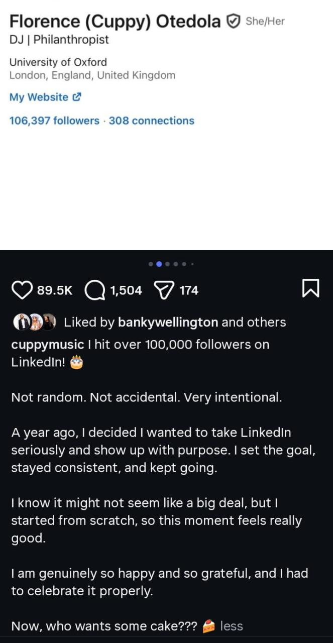 “From Scratch to 100K!” – DJ Cuppy Celebrates Major LinkedIn Milestone