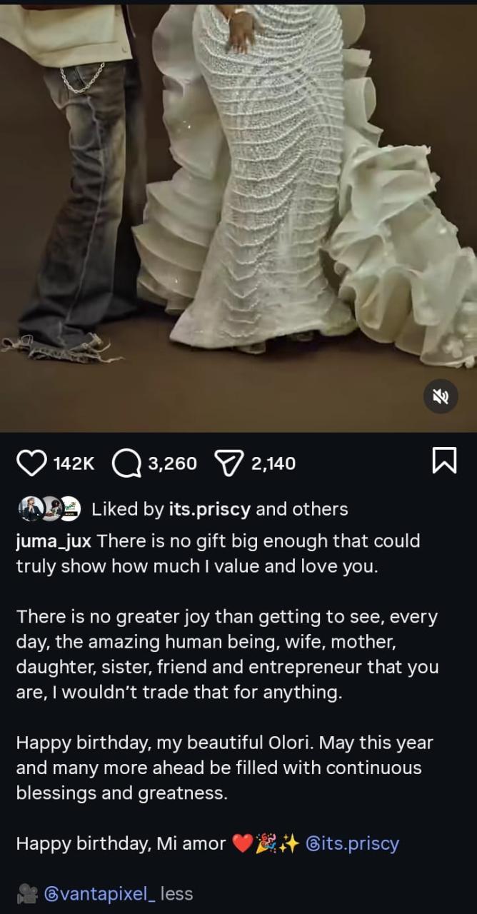 “No Gift Can Show How Much I Love You” – Juma Jux Sends Sweet Birthday Message to Wife Priscilla Ojo at 25