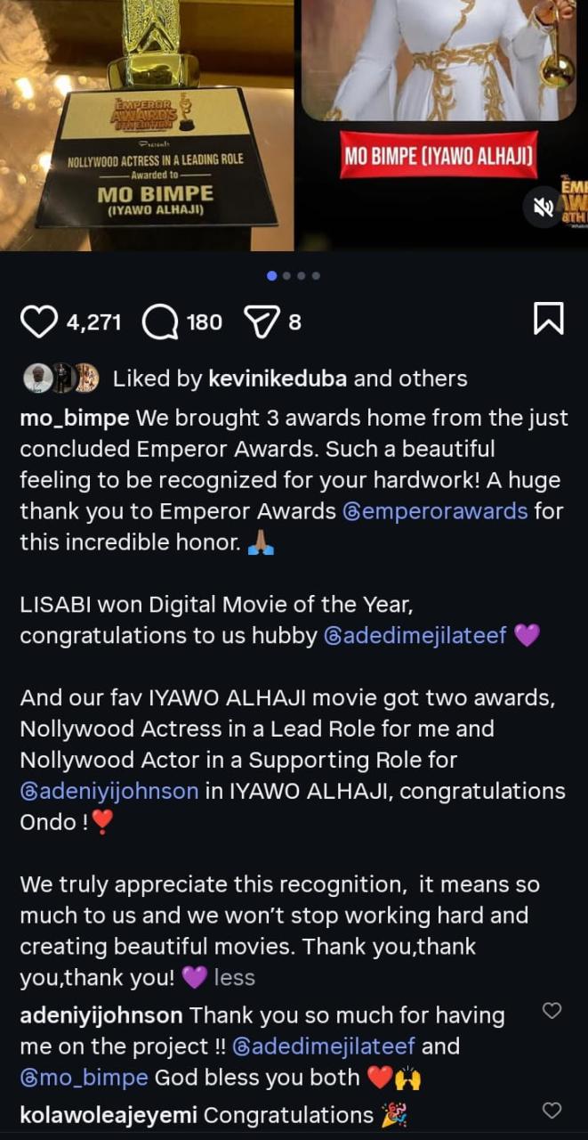 “3 Awards, Zero Chill!” — Bimpe Oyebade (Mo Bimpe) & Hubby Shut Down Emperor Awards Night