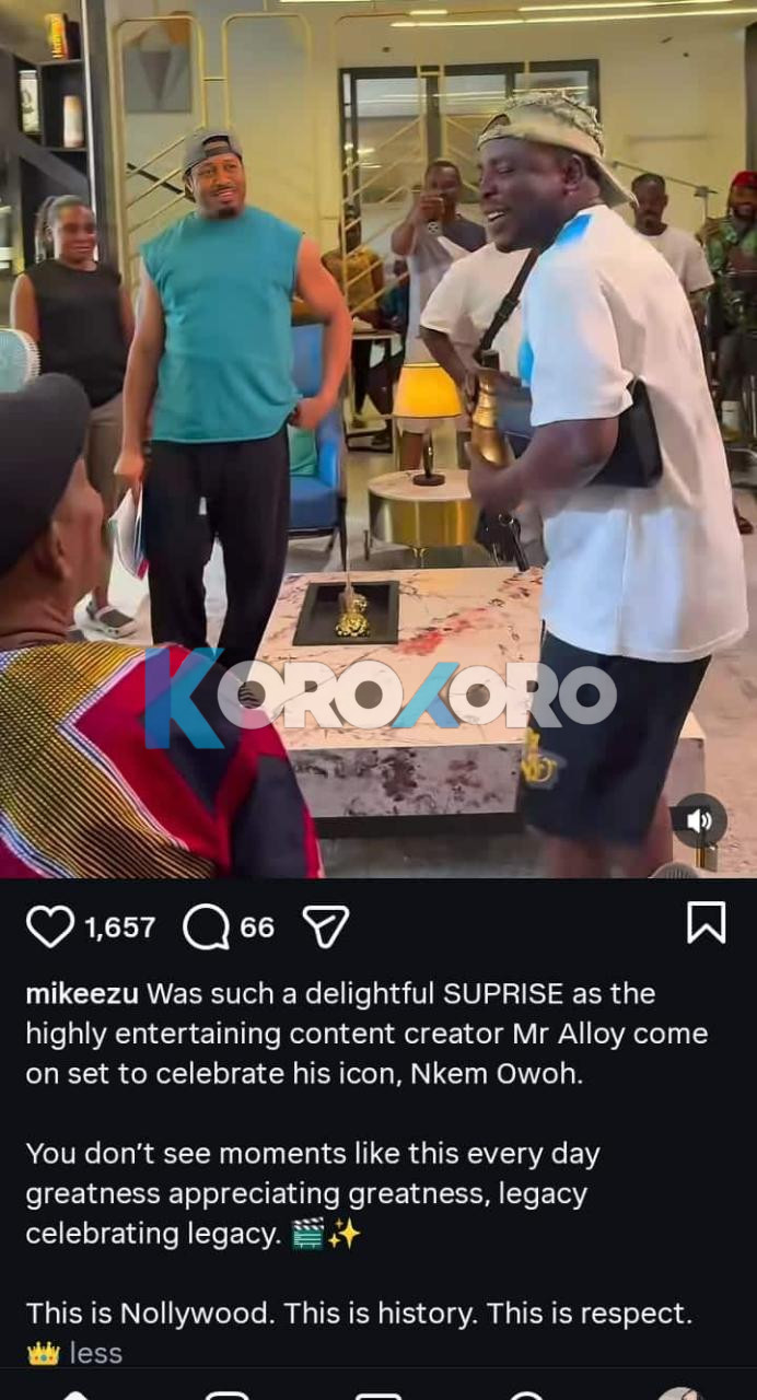 Mr Aloy Showers Nollywood Icon Nkem Owoh With Money and Palm Wine on Movie Set – Fans in Awe
