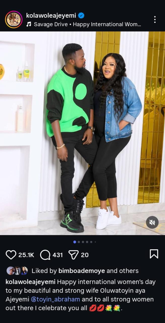 “My Beautiful and Strong Wife” – Kolawole Ajeyemi Praises Toyin Abraham on International Women’s Day