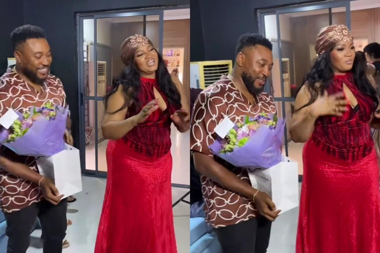 Nosa Rex Blushes as Omotola Ekeinde Surprises Him with Flowers, Praises His Set Energy