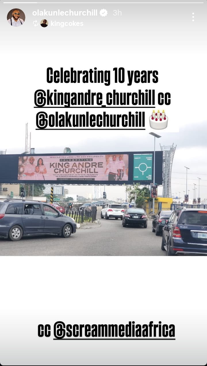 “Both of Them Are Still in Love?” — Olakunle Churchill Sparks Buzz with Billboard Featuring Tonto Dikeh and Son