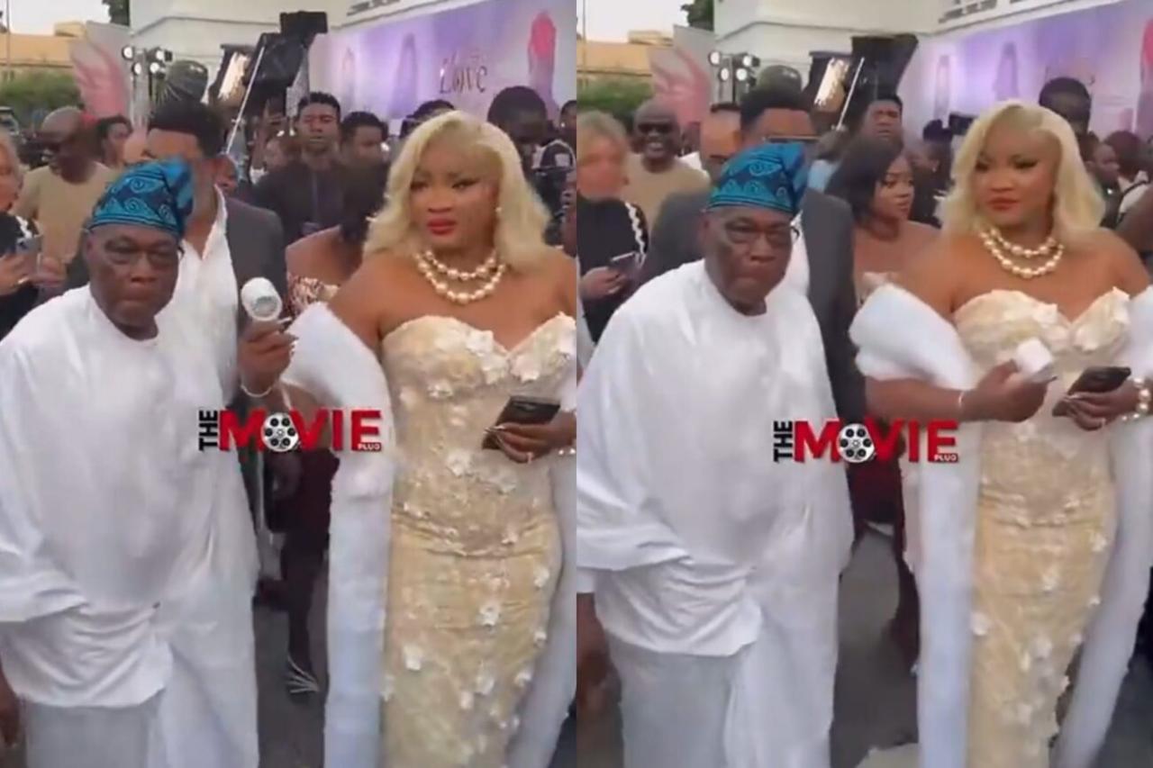 “LEVELS DON CHANGE!” – Internet Explodes as Ex-President Olusegun Obasanjo Rolls Into Omotola Jalade Ekeinde’s Premiere Like a Boss