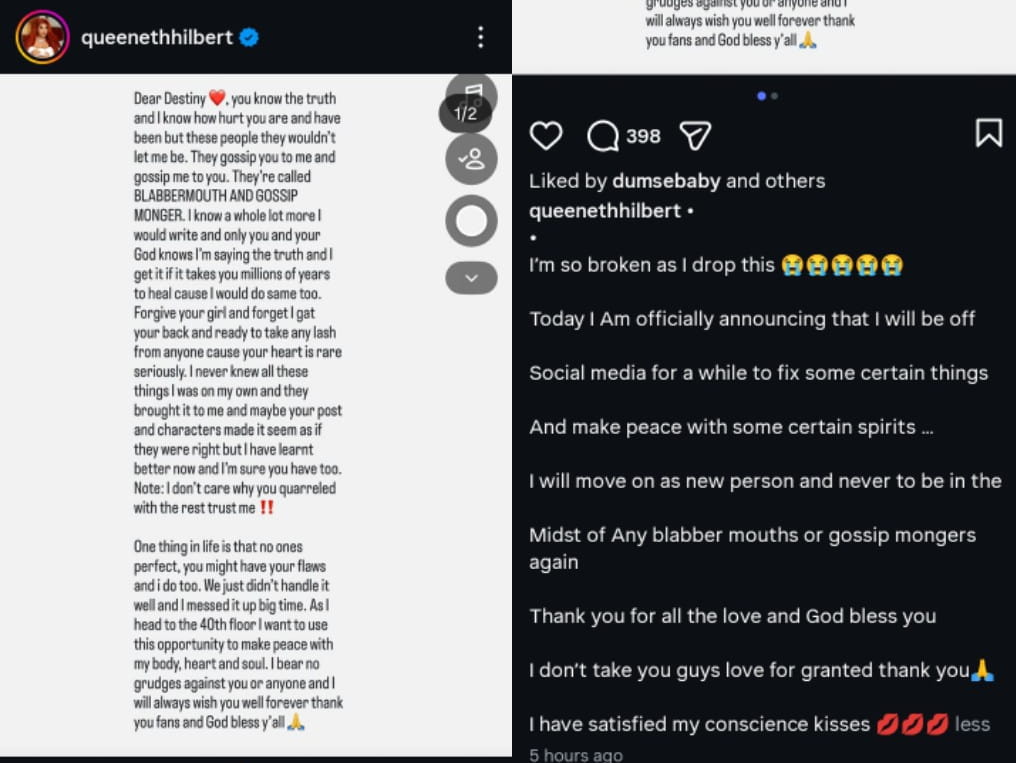 “I’m Broken…” – Queeneth Hilbert Begs Destiny Etiko, Yul Edochie, Mercy Johnson for Forgiveness Before Quitting Social Media