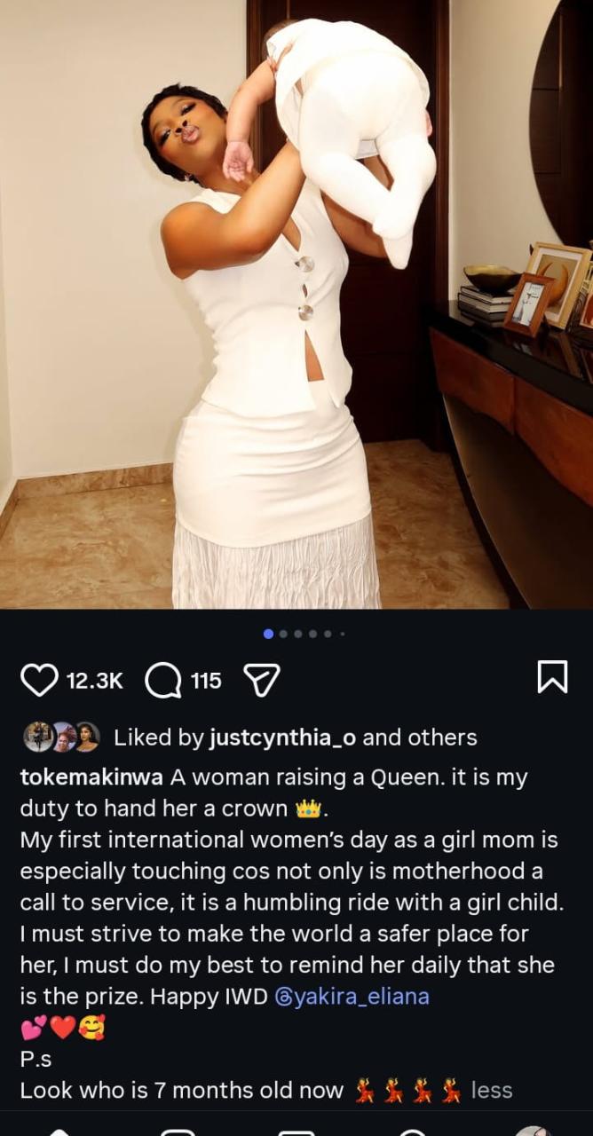 “Raising a Queen” – Toke Makinwa Celebrates First International Women’s Day With Daughter