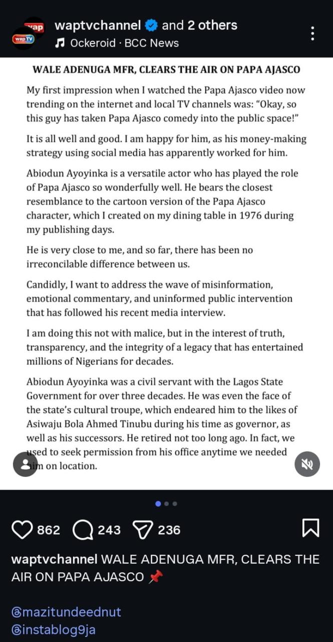 “Why Claim He’s Broke? He Has a Mercedes-Benz and a House” – Wale Adenuga Responds to Papa Ajasco Actor’s Financial Struggles
