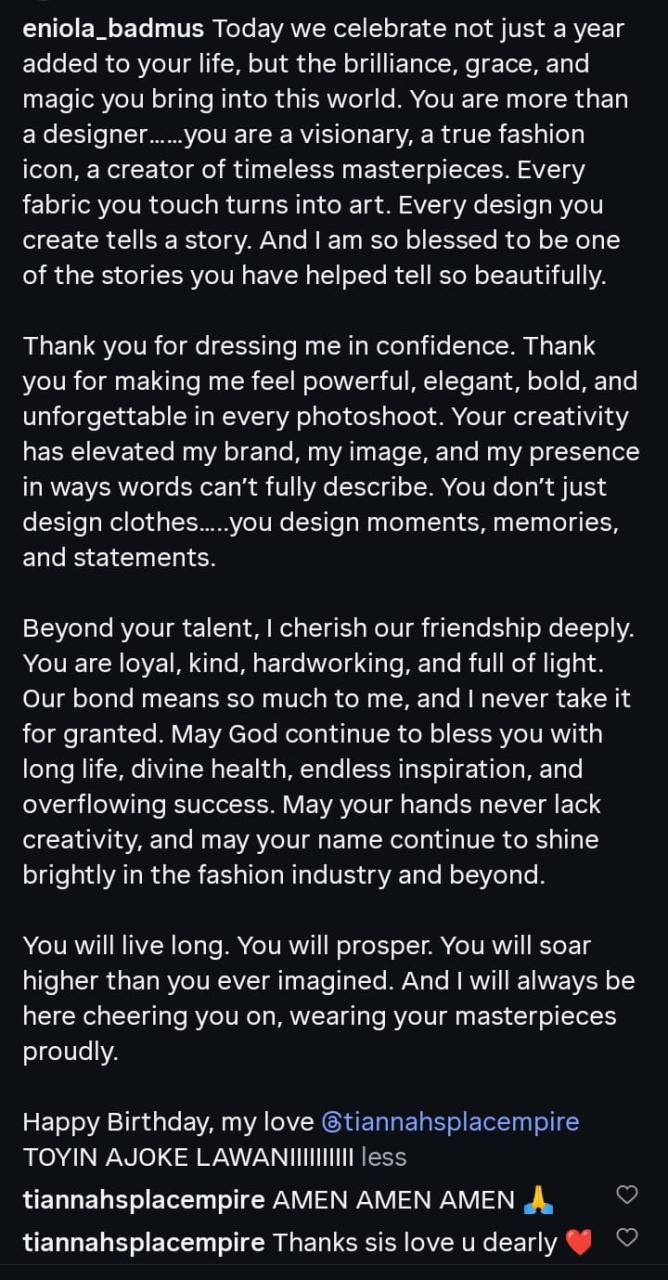 “You Dressed Me in Confidence!” – Eniola Badmus Floods Toyin Lawani With Heartfelt Birthday Praise