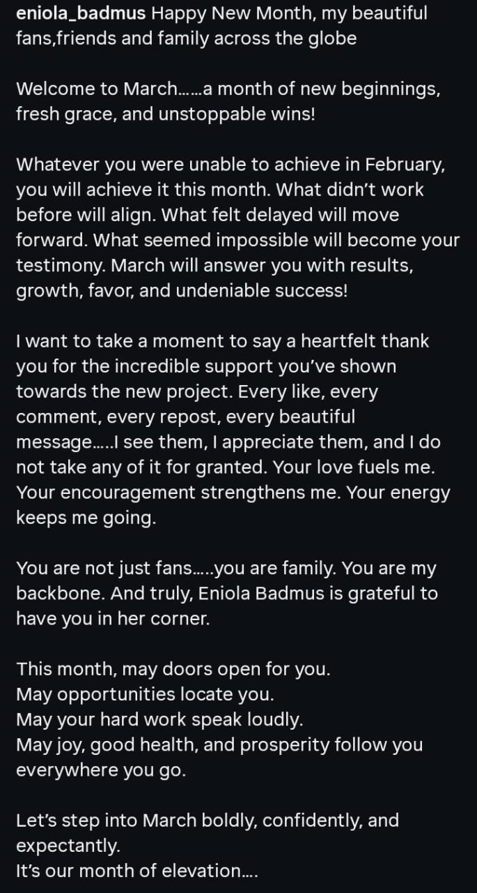💥 “You’re Not Just Fans, You’re My Backbone!” – Eniola Badmus Drops Emotional Bombshell as March Begins