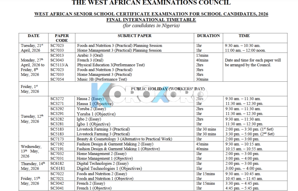WAEC Drops 2026 WASSCE Timetable: Full Exam Schedule Revealed