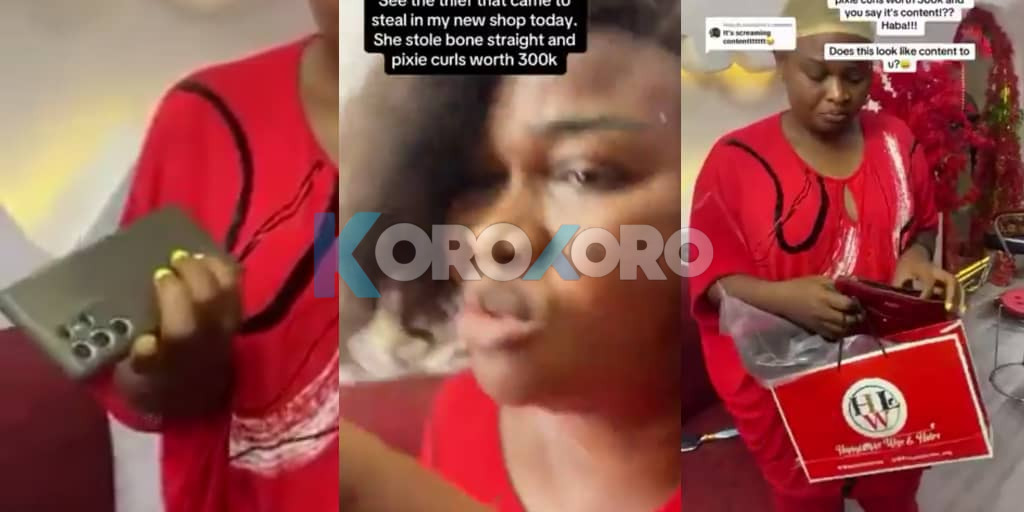 Woman caught on CCTV stealing ₦300k wigs drops phone as guarantee for payment