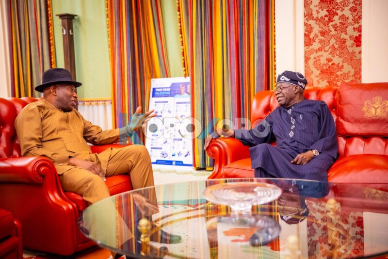 Jonathan Visits Tinubu at Presidential Villa