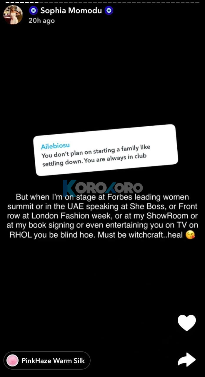 Sophia Momodu Claps Back at Troll Questioning Her Family Plans Amid Constant Clubbing